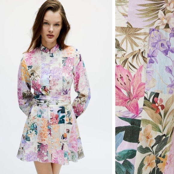 NWT. Zara Linen Blend Floral Print Mini Dress. Size M. - Picture 2 of 9